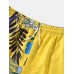 Mens Tropical Plants Print Patchwork Holiday Loose Drawstring Shorts