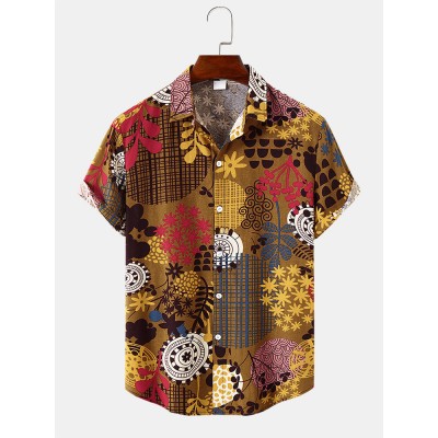 Mens Plants Print Spliced Ethnic Short Sleeve Lapel Shirts