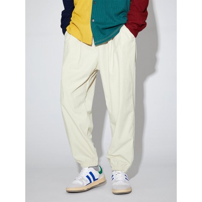 Men Solid Corduroy Drawstring Elastic Waist Ankle Length Pants