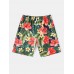 Mens Floral Leaf Print Holiday Mid Length Drawstring Shorts