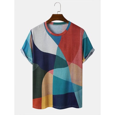 Men Geometric Colorblock Abstract Print Crew Neck Soft Breathable T  Shirts