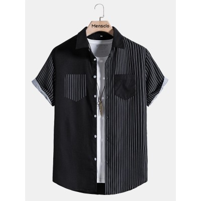 Mens Pinstripe Patchwork Double Pocket Daily Short Sleeve Shirts