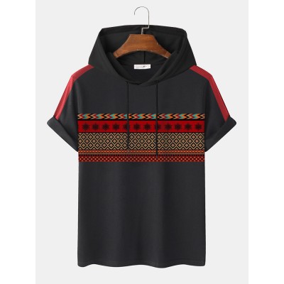 Mens Ethnic Geometric Print Side Stripe Short Sleeve Hooded T  Shirts