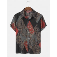 Mens Vintage Plants Print Color Block Short Sleeve Shirts