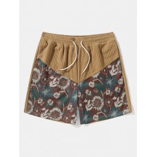 Mens Floral Print Patchwork Corduroy Loose Drawstring Shorts