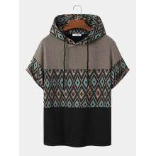 Mens Argyle Pattern Patchwork Ethnic Style Short Sleeve Hooded T  Shirts