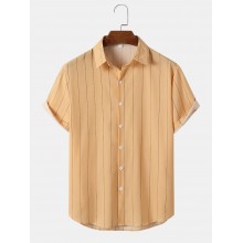 Mens Vertical Striped Button Front Plain Short Sleeve Shirts