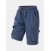 Men Denim Side Striped Multi Pockets Shorts Drawstring Calf Length All Matched Pants