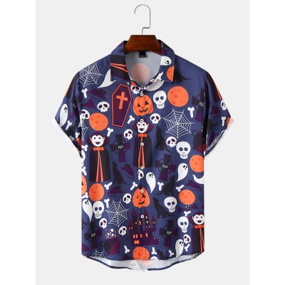 Mens Pumpkin   Skull Halloween Print Short Sleeve All Matched Shirts