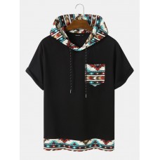 Mens Geometric Print Patchwork Chest Pocket Short Sleeve Hooded T  Shirts