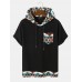 Mens Geometric Print Patchwork Chest Pocket Short Sleeve Hooded T  Shirts