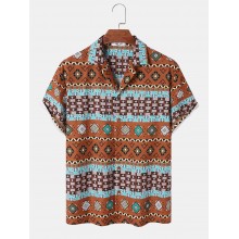 Mens Vintage Geometric Print Revere Collar Short Sleeve Shirts