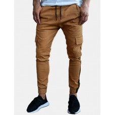 Men Side Striped Cargo Side Pocket Drawstring Elastic Waist Casual Jogger Pants