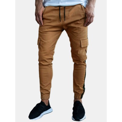 Men Side Striped Cargo Side Pocket Drawstring Elastic Waist Casual Jogger Pants