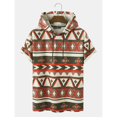 Mens All Over Colorful Geometric Print Corduroy Short Sleeve Hooded T  Shirts