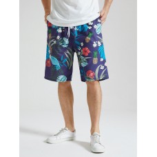 Mens Tropical Plants Print Holiday Loose Drawstring Shorts