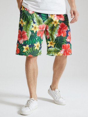 Mens Floral Leaf Print Holiday Mid Length Drawstring Shorts