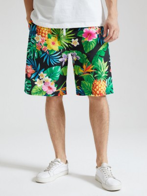 Mens Tropical Pineapple Print Holiday Mid Length Drawstring Shorts