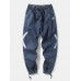 Mens X Print Applique Casual Drawstring Cuff Denim Pants With Pocket