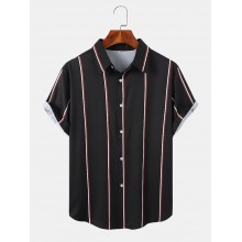 Mens Vertical Stripe Button Up Preppy Short Sleeve Shirts