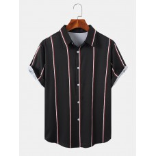 Mens Vertical Stripe Button Up Preppy Short Sleeve Shirts