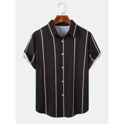 Mens Vertical Stripe Button Up Preppy Short Sleeve Shirts