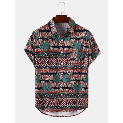 Mens Tribal Floral Print Pocket Hem Cuff Short Sleeve Shirts