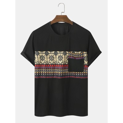 Mens Ethnic Geometric Print Stitching Chest Pocket Short Sleeve T  Shirts