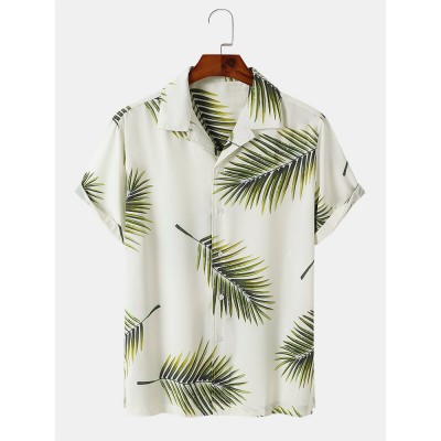 Mens Tropical Leaves Pattern Side Split Buttons Up Shirts