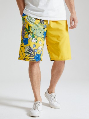 Mens Tropical Plants Print Patchwork Holiday Loose Drawstring Shorts