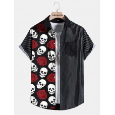 Mens Rose Skull Print Pinstripe Patchwork Short Sleeve Shirts