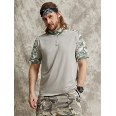 Men Camo Patchwork Icon Pattern Half Zip Soft Breathable Short Sleeve T  Shirt