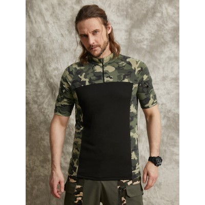 Men Camo Print Patchwork Front Zip Skin Friendly Short Sleeve Casual T  Shirt