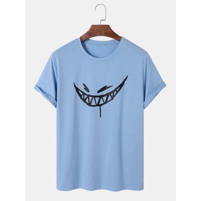 Men Evils Smile Print Hem Cuff All Matched Skin Friendly Crew Neck T  Shirts