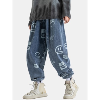 Mens All Over Cartoon Grimace Print Drawstring Cuff Denim Pants