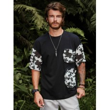 Men Floral Pocket Stitching Camping Style Soft Breathable T  Shirts