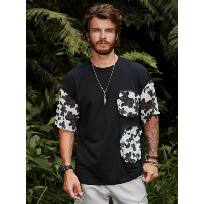 Men Floral Pocket Stitching Camping Style Soft Breathable T  Shirts